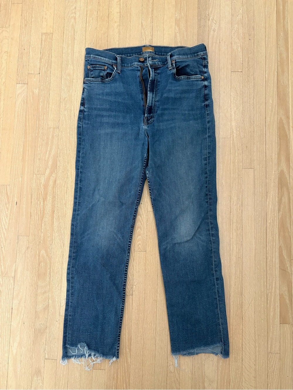 MOTHER Blue Straight-Leg Raw Hem Jeans